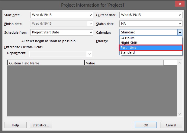 Project → Project Information → Calendar → selectati calendarul creat si configurat